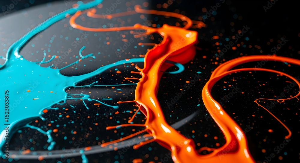 Poster dynamic motion of splashing colors on black background in a studio shot
