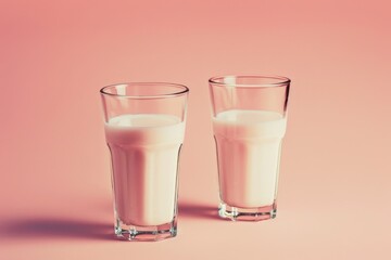 There are two glasses of creamy milk placed on a pink background