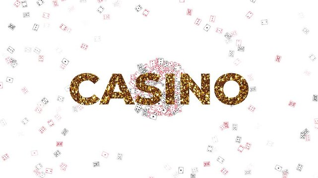 Big CASINO text in a shiny gold glitter font with a constant stream of various playing cards exploding outward in a dynamic animation