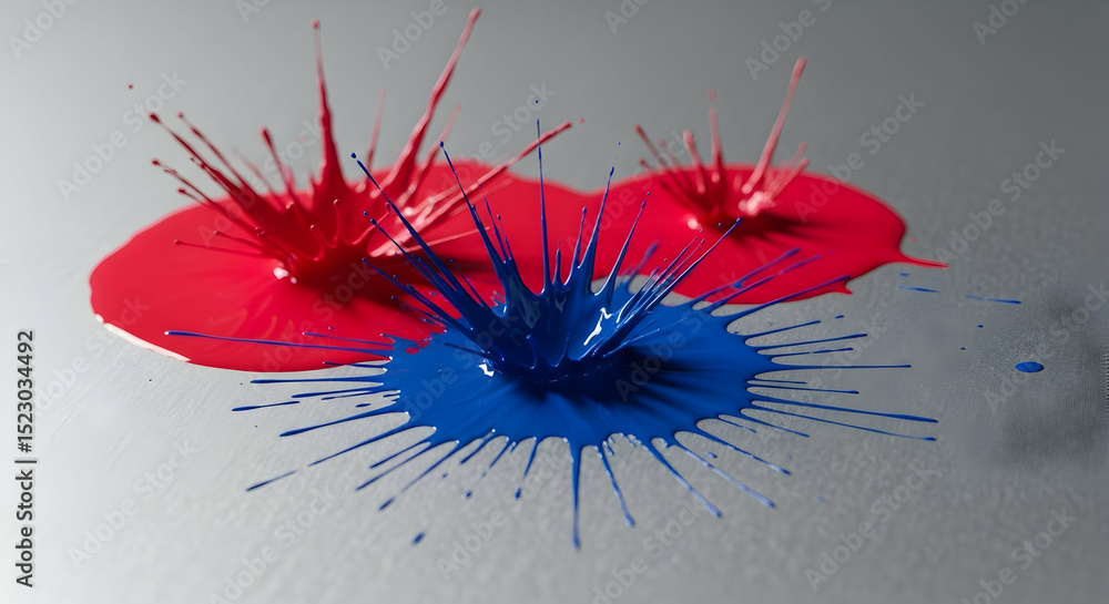 Poster dynamic red and blue paint splashes creating a visually striking composition
