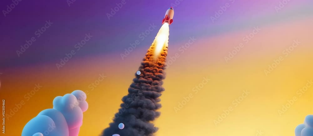 Poster dynamic rocket launching with fiery trails and vibrant space animation