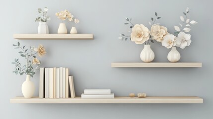 Light shelves with beige flowers and books