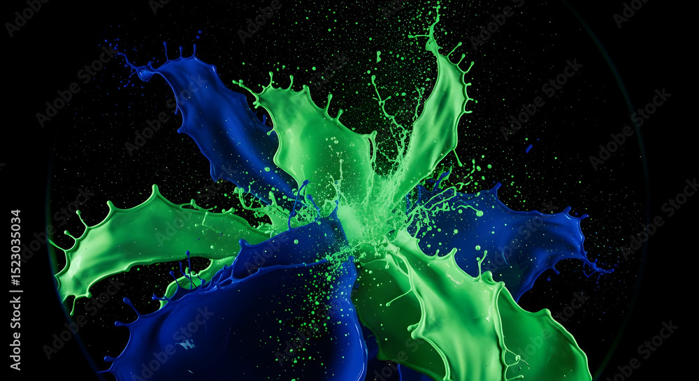 Poster dramatic collision of fluorescent fluids creating abstract art on black backdrop