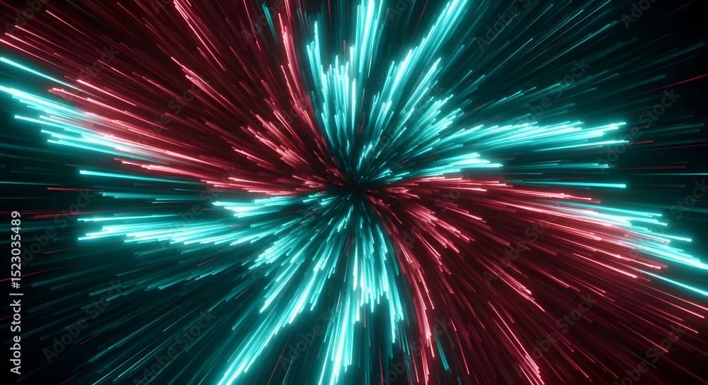Poster abstract rendering of flowing red and blue light streaks on dark backdrop