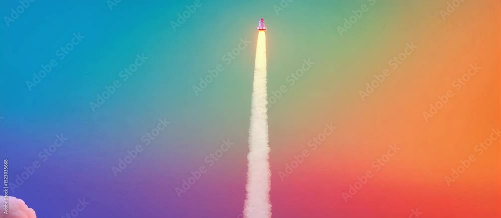 Poster rocket launch animation: vibrant vertical ascent with colorful gradient sky