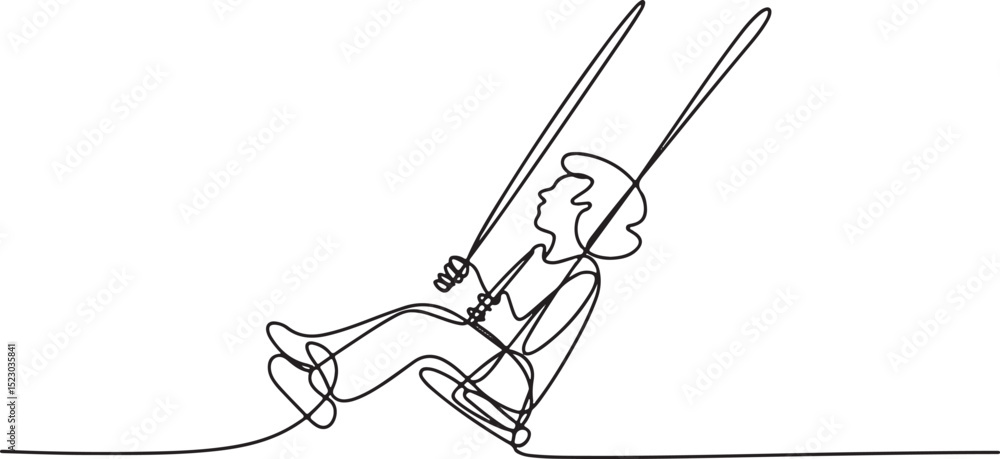 Poster minimalist continuous line drawing of a person swinging on a swing, single black line art vector on 