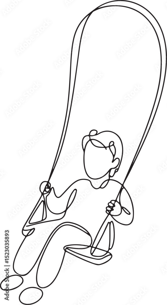 Poster minimalist continuous line drawing of a person swinging on a swing, single black line art vector on 