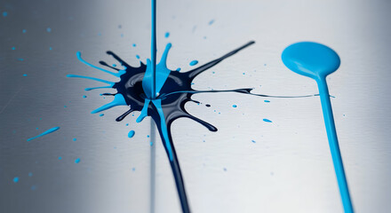 Artistic Blue Paint Pour Creating Abstract Patterns On Metallic Surface
