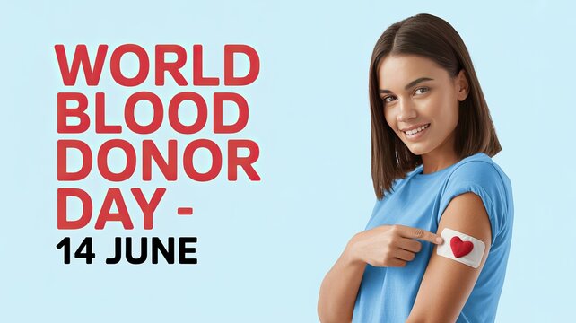 Smiling woman proudly points to heart bandage after donation.