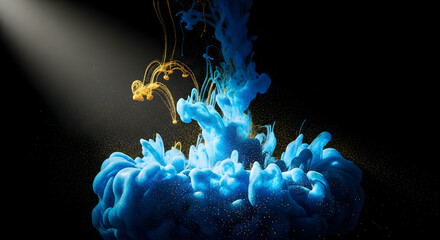 Illuminating Abstract Art: Blue and Gold Ink in Water Suspended on Black