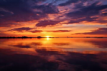 Obraz premium Vibrant sunset over calm waters reflects fiery hues and dramatic cloud formations.