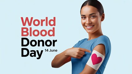 World Blood Donor Day poster featuring happy female donor.
