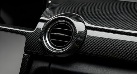 Close Up Of Car Dashboard With Carbon Fiber Finish And Air Vent