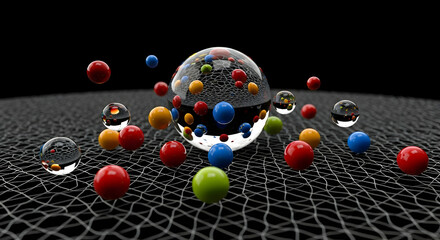 Geometric Sphere with Glass Balls Floating on Interconnected Wireframe Structure