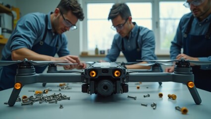 A team in safety goggles assembling a drone chassis, screws and sensors scattered on a workbench, natural window light, FPV quadrocopter, disassembled, repair, racing.