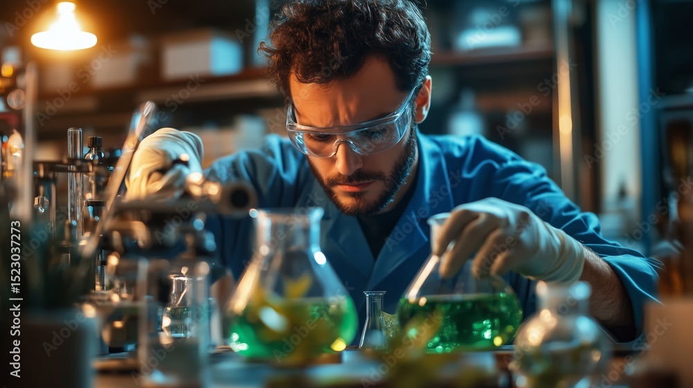 Poster scientist conducts experiments with green liquids in laboratory setting during evening hours