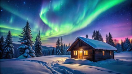 Fototapeta premium Capture the wonder: Northern Lights illuminate a cozy winter cabin in the Arctic.