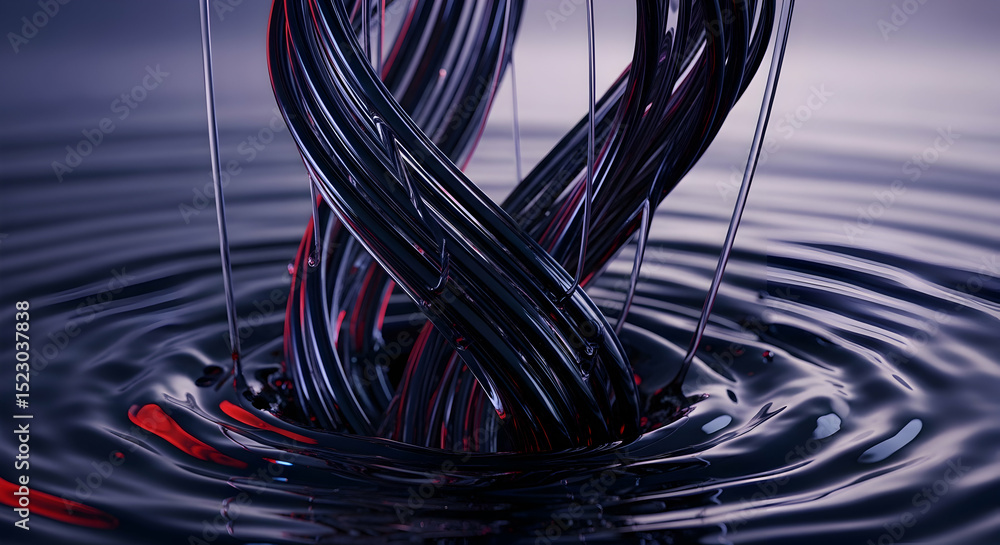 Poster abstract twisted forms emerge from dark liquid surface generating ripples