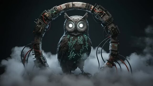 Mechanical owl in a circular frame of technology