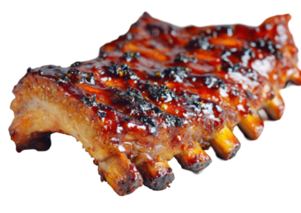 Delicious barbecued ribs glistening with a rich sauce against black backdrop