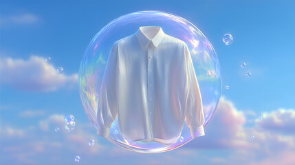 clean white shirt floating inside soap bubble on blue background — perfect for advertising laundry detergent, fabric softener, dry cleaning services, hygiene and freshness-related promotional material