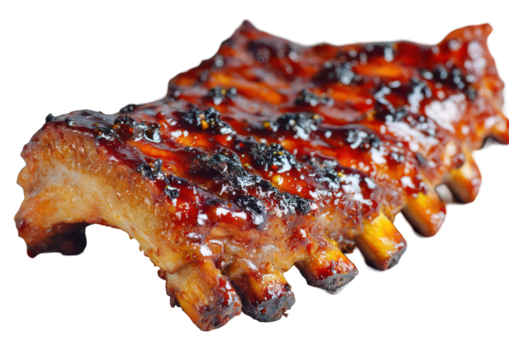 Delicious barbecued ribs glistening with a rich sauce against black backdrop