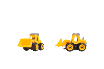 Yellow toy bulldozer with black wheels, perfect for kids' playtime or educational toys with transparent background, front view. Great for use in e-commerce, or children’s product marketing.