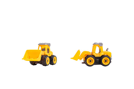 Yellow toy bulldozer with black wheels, perfect for kids' playtime or educational toys with transparent background, front view. Great for use in e-commerce, or children&rsquo;s product marketing.