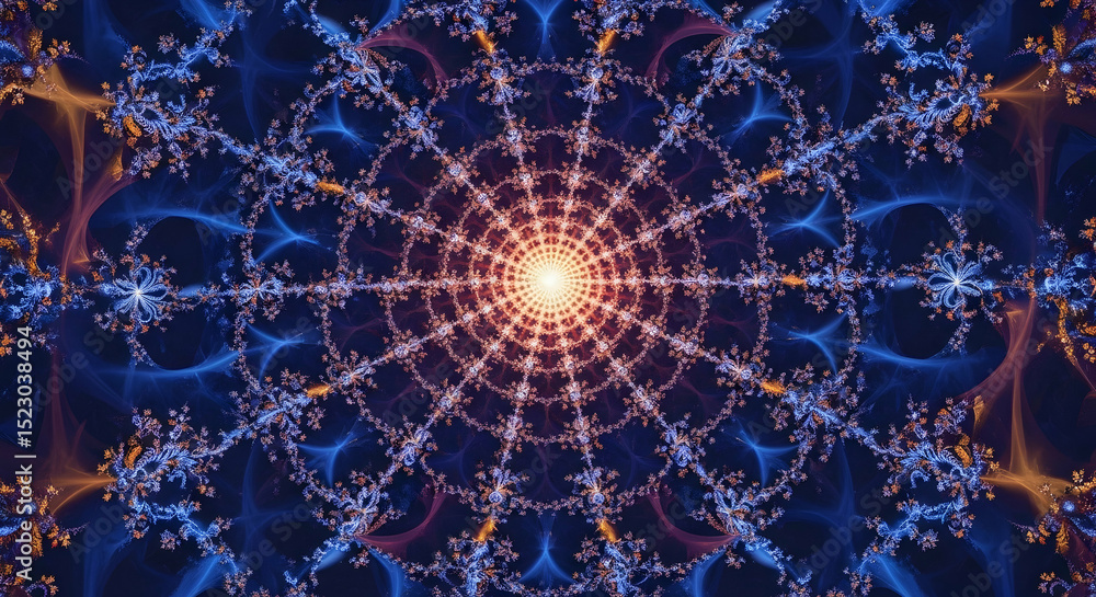 Poster intricate geometric fractal art illustration displaying dynamic blue patterns