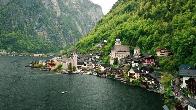 View of famous Hallstatt mountain village in the Austrian Alps at beautiful light in summer, Salzkammergut region, Hallstatt, Austria.