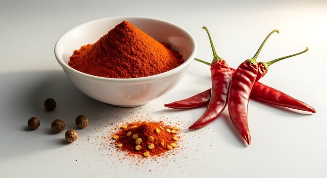 Fresh red chili peppers with spice powder and whole spices on white surface - Powered by Adobe