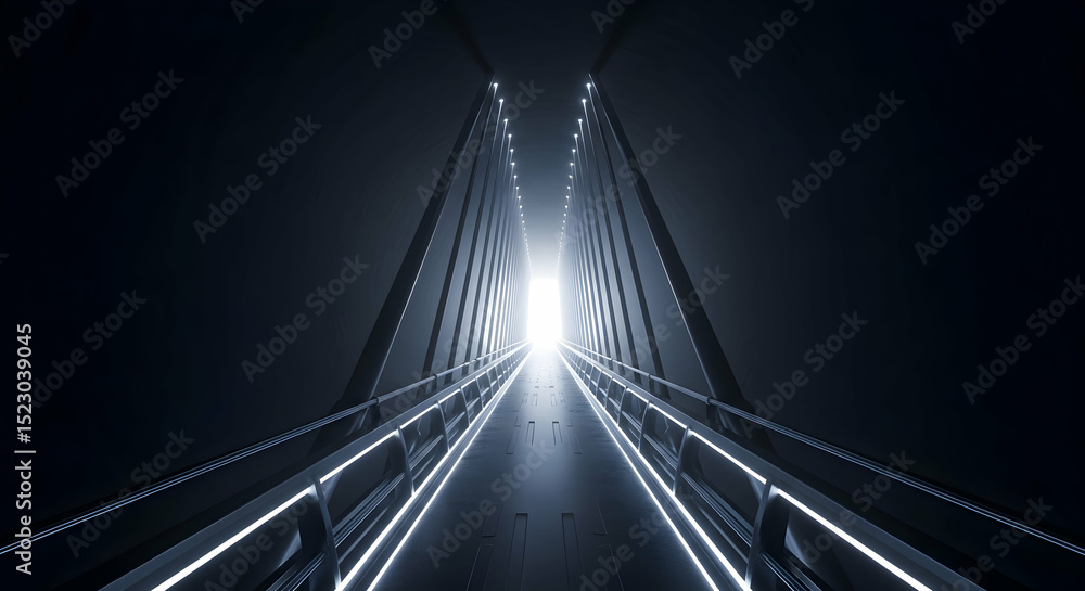 Poster futuristic bridge structure with glowing lights and an illumination in the distance