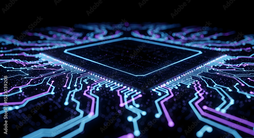 Poster futuristic microchip central processor unit with glowing neural pathways