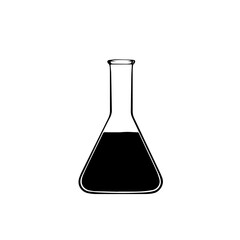 Erlenmeyer flask with dark liquid inside. Simple laboratory glassware. Clear glass beaker filled with black substance. This image is perfect for science education materials or laboratory reports.