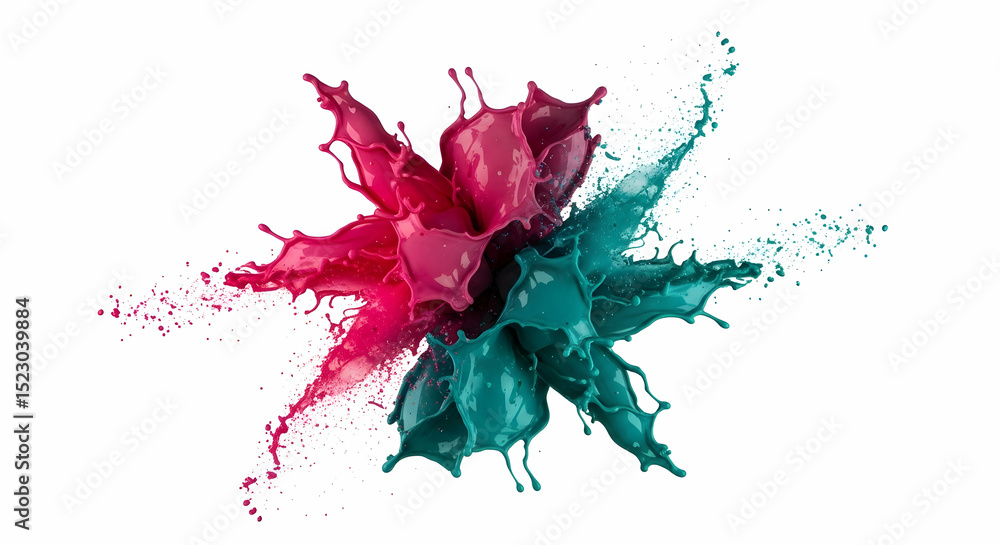Poster vibrant paint splashes forming dynamic abstract shape on white background