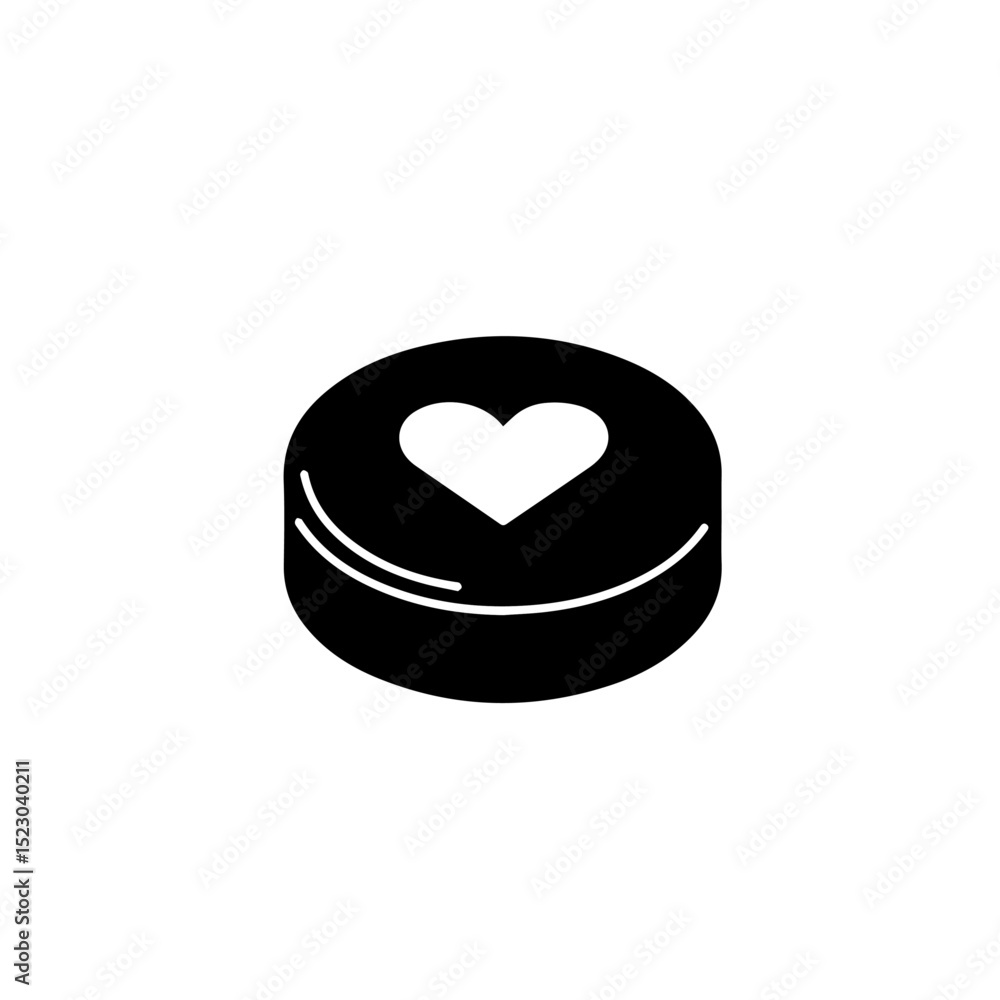 Poster simple black round pill with heart symbol. medication concept image showing a single tablet with a h