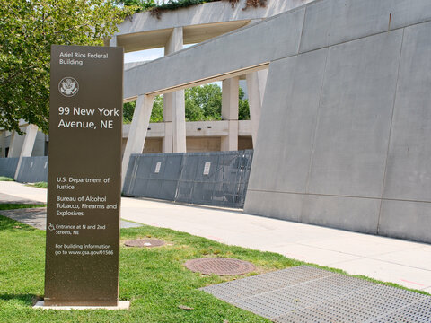 Bureau of Alcohol Tobacco and Firearms (ATF) sign in front of the ATF building