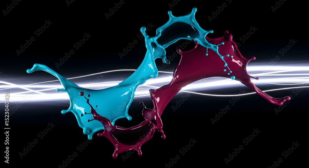 Poster dynamic collision of vivid paint splashes with luminous streaks on black