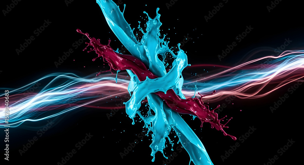 Poster intertwined fluids and luminous waves abstract splashes against dark background
