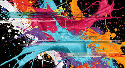 Energetic Paint Splashes with Glitch Effects on Dark Backdrop Art