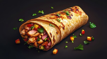 Tasty Chicken Burrito With Vegetables and Fresh Herbs Close Up on Dark Background, Delicious Meal