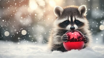 Adorable Raccoon with Red Christmas Ornament in Winter Snow Scenery Festive Holiday Season