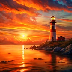 Orange Sunset with Vibrant Lighthouse Glow