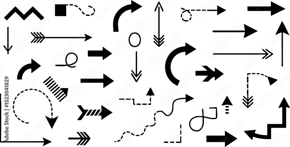 Poster collection of various black arrow vector icons in different directions and styles