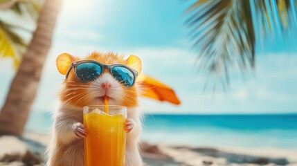 Relaxing Hamster on Beach. Sipping Juice, Wearing Sunglasses and Enjoying Tropical Getaway