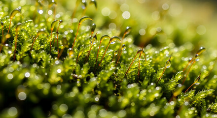 Glistening Drops On Verdant Moss Create A Captivating Natural Landscape