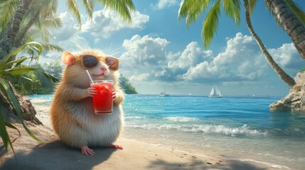 Hamster with Drink Enjoying Beach Vacation under Palm Trees and Sunshine