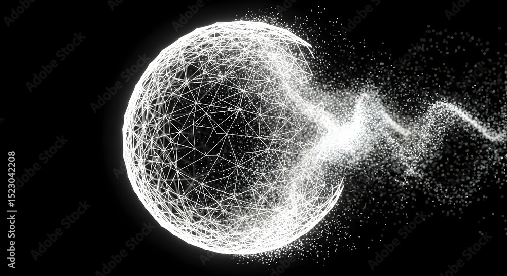 Poster abstract connected sphere exploding into a cloud of particles on dark background