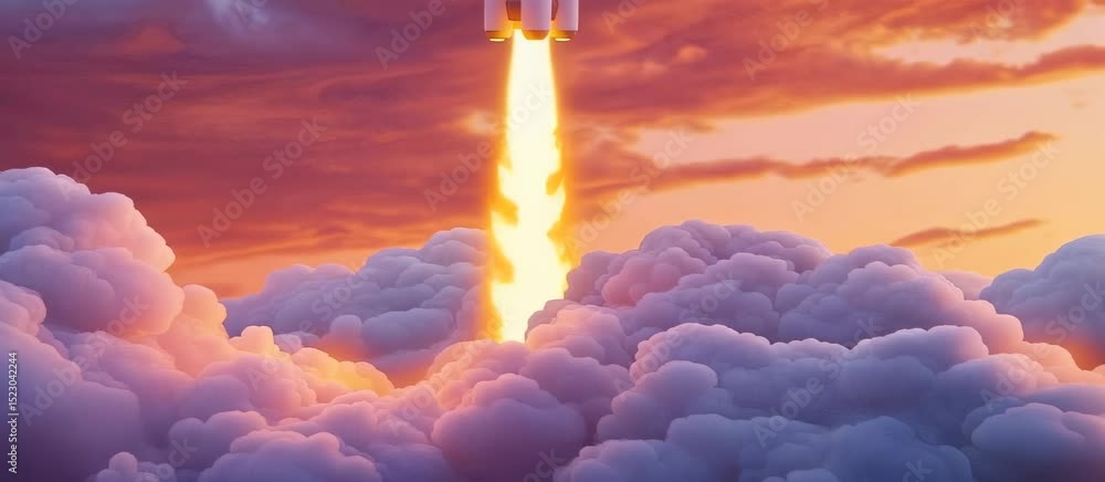 Poster rocket launch through vibrant clouds with fiery trail in space animation