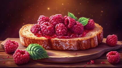 Raspberry Delight Toast. Sweet Breakfast Treat with Fresh Fruit and Jam Topping